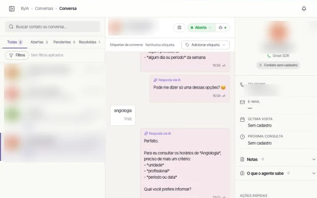 BYIA inbox with replies sent by the AI; contact names and phone numbers blurred